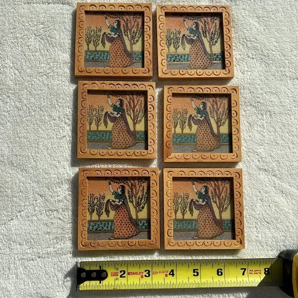 Gemstone Wood Coasters Painted Square Tea India Drink Handmade‎ Wooden Set = 6
